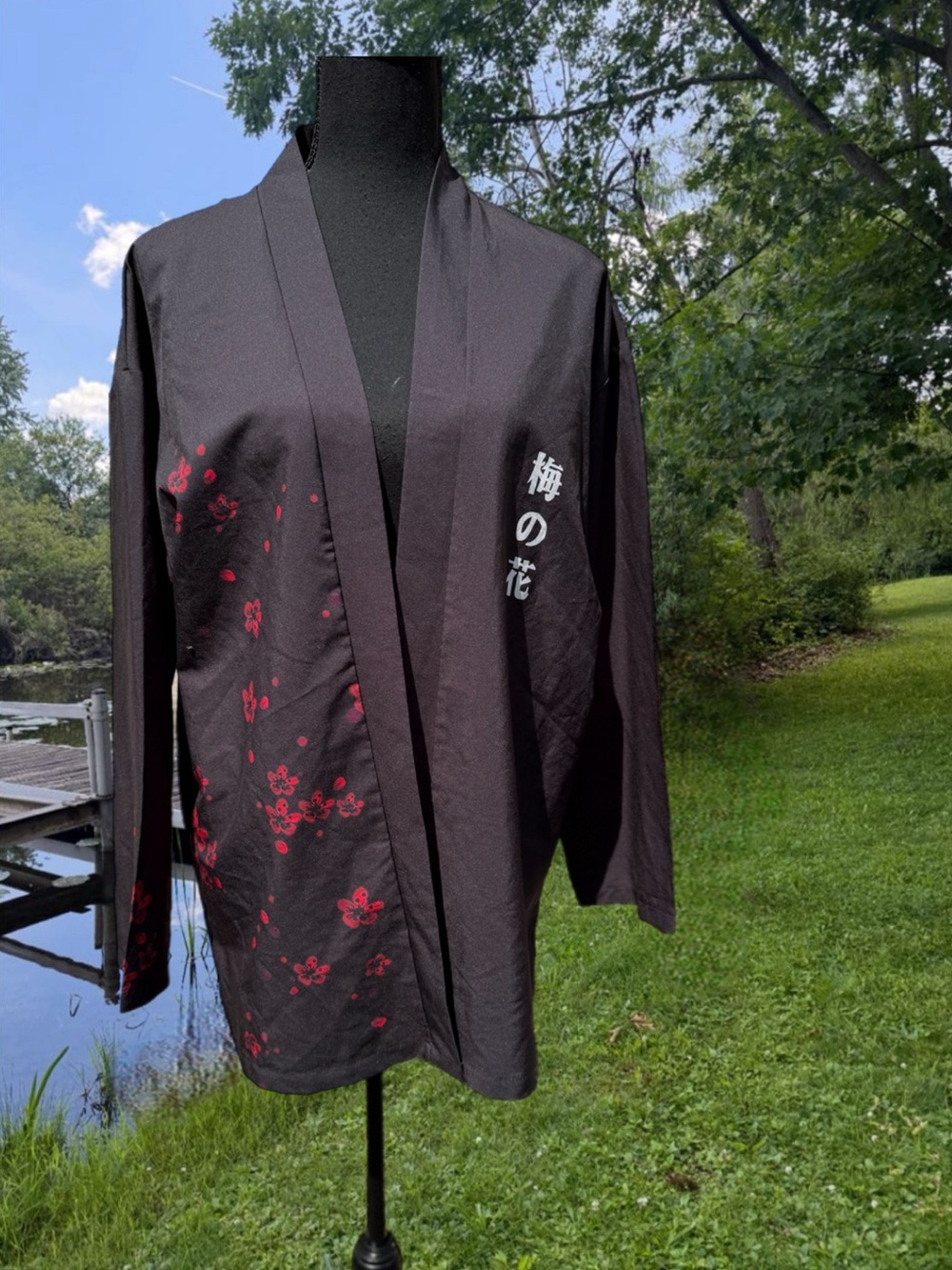 Black Cherry Blossom Kimono Jacket with White Japanese Script size L by ChArmkp